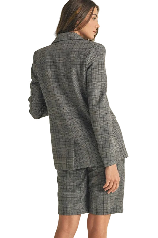 Back view of plaid double-breasted blazer jacket with tailored fit