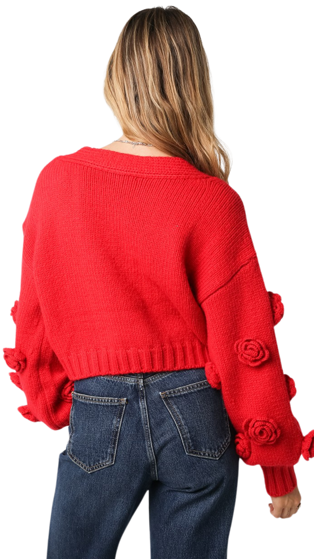 Back view of a women’s red cropped cardigan