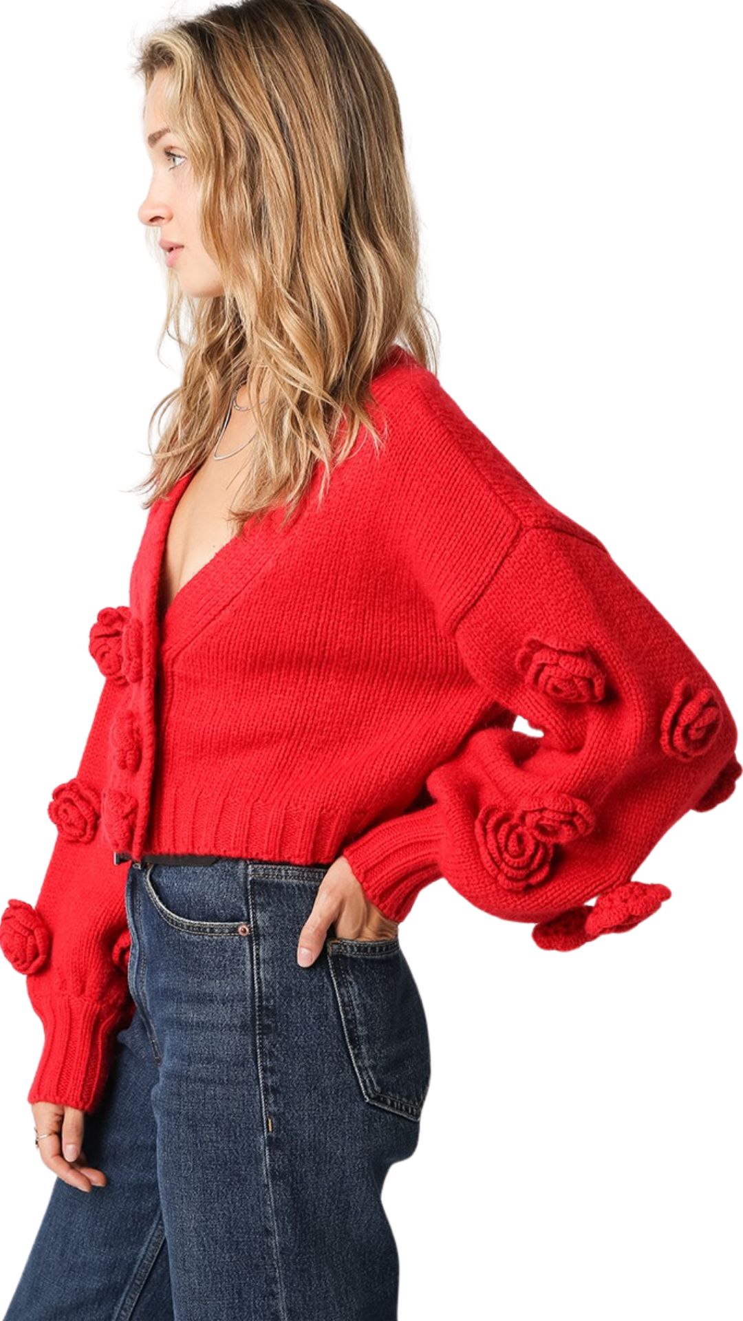 Side view of a red cropped cardigan