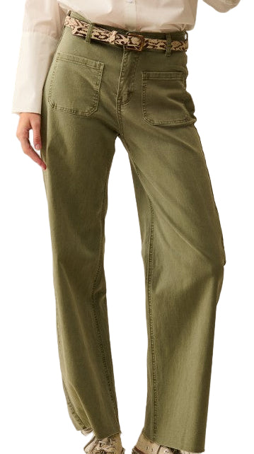 Rowan Olive Wide-Leg Pants – Soft Stretch Denim with Front Pockets