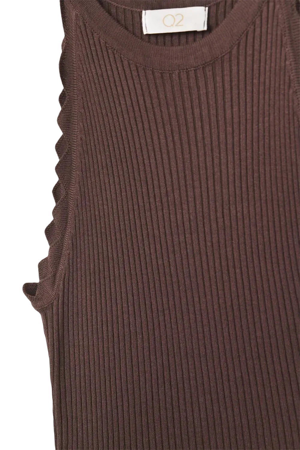 Brown ribbed tank top with a brand label on a white background