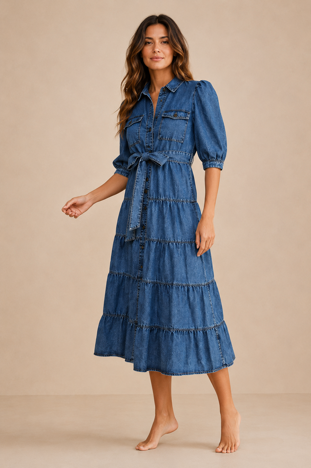 Woman over 40 wearing Denim Tiered Shirt Dress featuring lightweight denim, a button-front closure, adjustable waist tie, puff sleeves, and a relaxed midi silhouette.