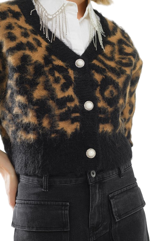 Close up detail of the Vivienne Leopard Knit Cardigan on model showing soft fluffy knit texture, leopard pattern, and pearl button front.