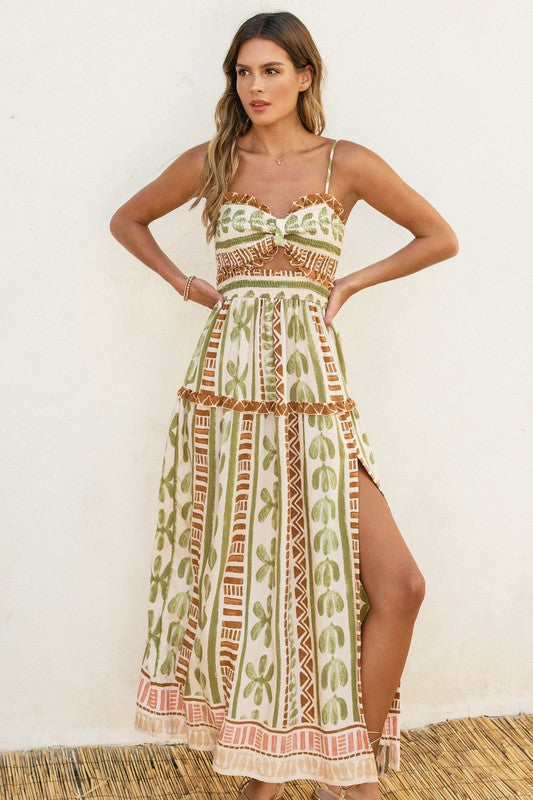 Calypso-Brown-and-Green-Printed-Maxi-Front-View