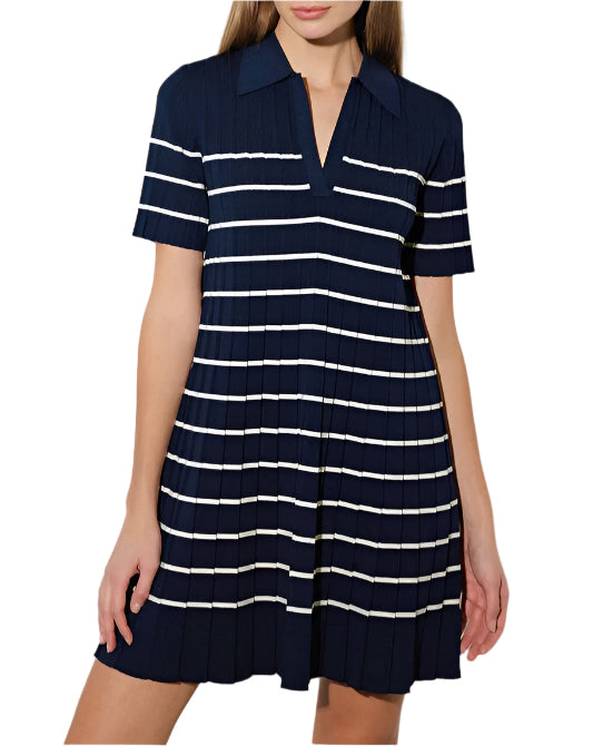blue striped tennis dress Women's Navy Pleated Knit school spirit